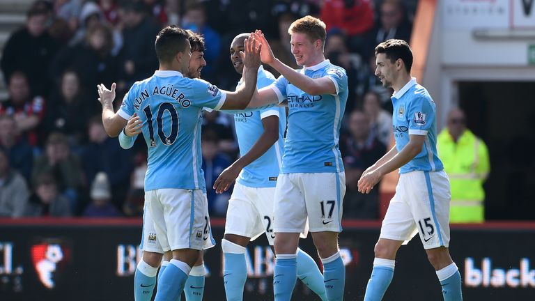 Kevin de Bruyne of Manchester City celebrates scoring his team's second goal against Bournemouth