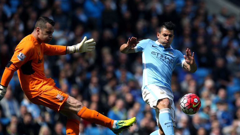 Manchester City's Sergio Aguero and Stoke City's goalkeeper Shay Given 