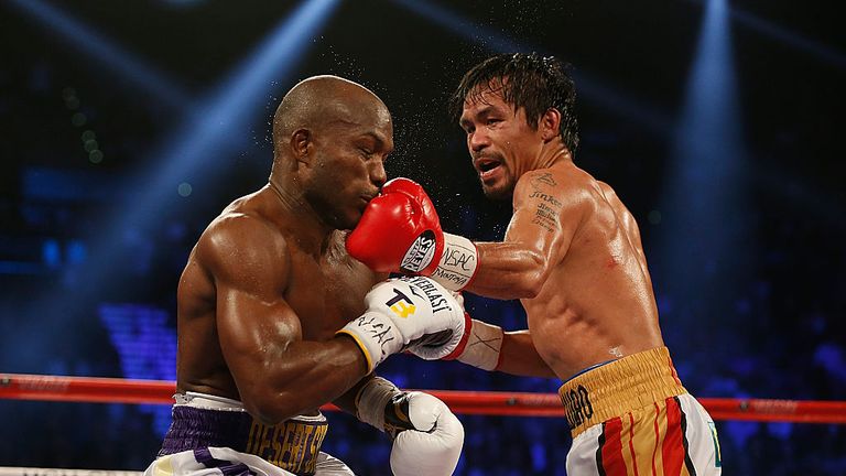 Manny Pacquiao lands a left hand on Timothy Bradley