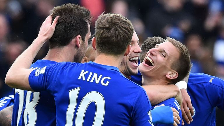 Marc Albrighton  and Leicester celebrate
