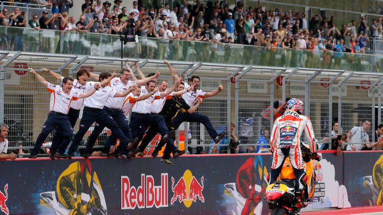 Marc Marquez celebrates winning the Grand Prix of the Americas MotoGP motorcycle race