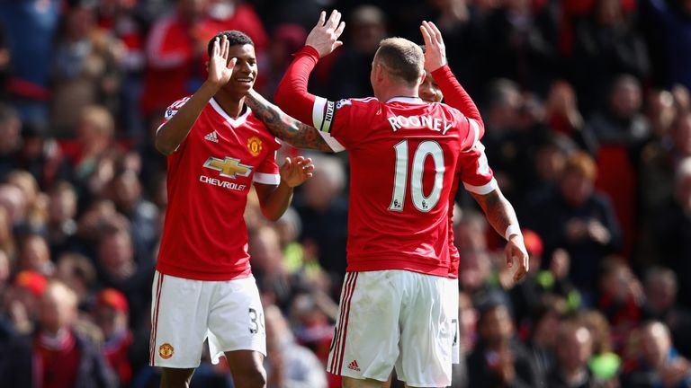 MANCHESTER, ENGLAND - APRIL 16:  Marcus Rashford of Manchester United celebrates scoring the opening goal with Wayne Rooney of Manchester United v Villa