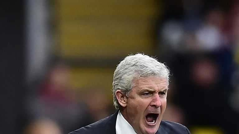Stoke City manager Mark Hughes shouts during the Premier League match with Watford