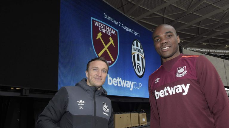 Mark Noble and Angelo Ogbonna promote Olympic Stadium opener against Juventus. Picture courtesy of West Ham United