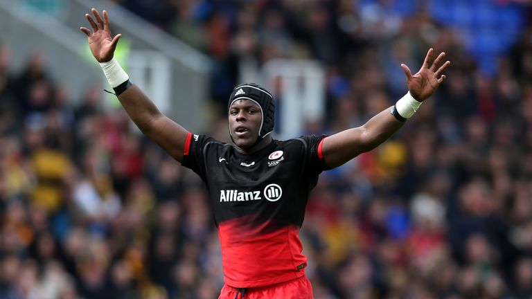 Maro Itoje, the Saracens lock, issues instructions during the European Rugby Champions Cup semi final match between Saracens and Wasps