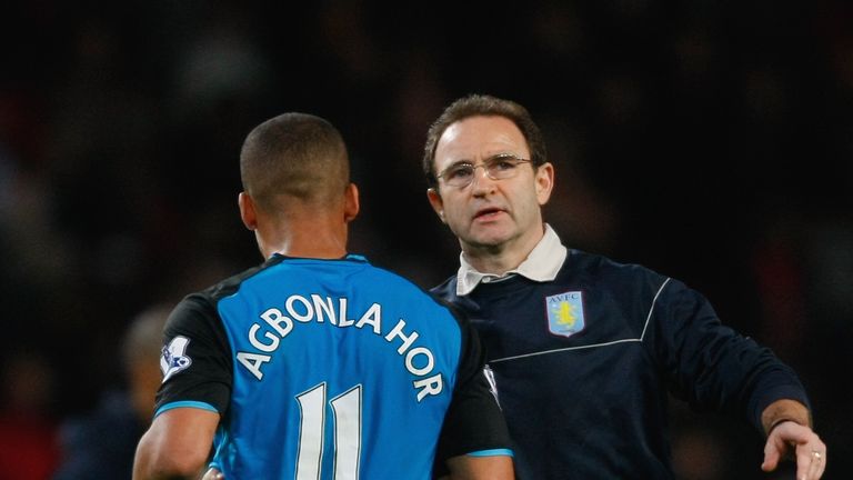 LONDON - NOVEMBER 15:  Martin O'Neill manager of Aston Villa embraces Gabriel Agbonlahor of Aston Villa after the Barclays Premier League match between Ars