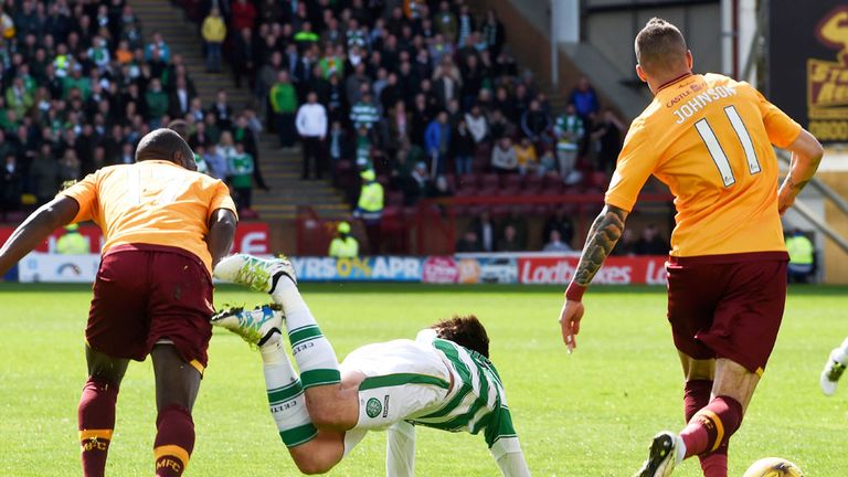 Marvin Johnson of Motherwell trips Celtic winger Patrick Roberts to concede a penalty