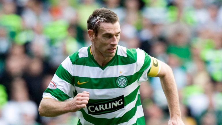 Stephen McManus playing for Celtic against Rangers in 2009 after Kyle Lafferty left him with a head cut. 