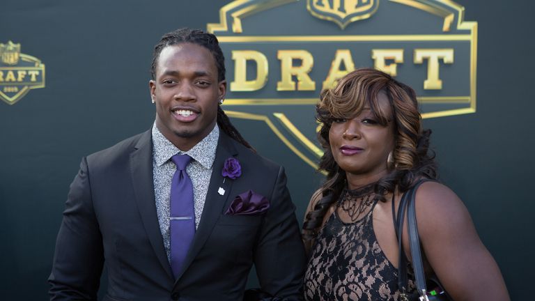 Melvin Gordon from the Wisconsin Badgers and his mom Carmen arrive on the gold carpet for the first round of the 2015 NFL Draft