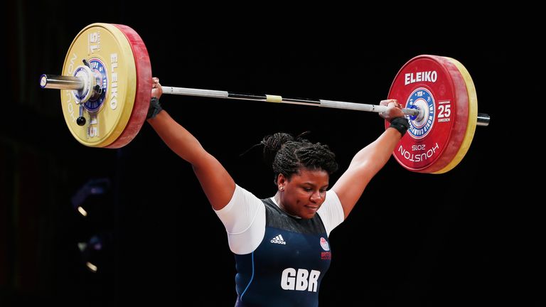 HOUSTON, TX - NOVEMBER 27:  Mercy Brown of Great Britain competes in the women's +75kg weight class during the 2015 International Weightlifting Federation 