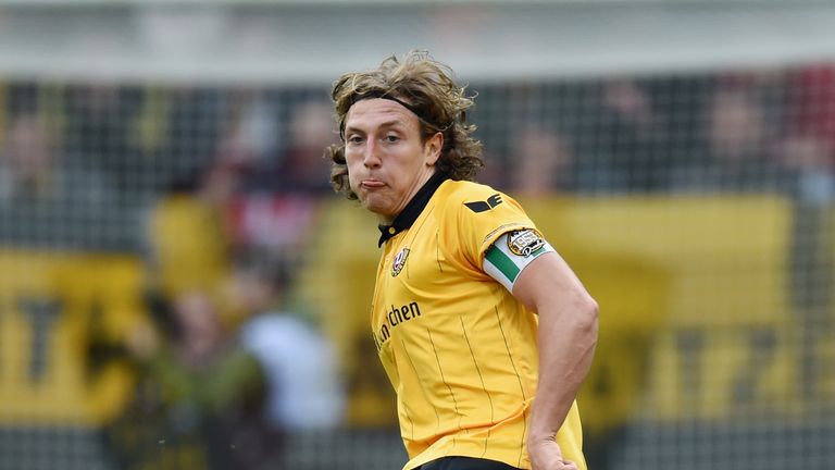 DRESDEN, GERMANY - MARCH 19:  Michael Hefele of Dresden plays the ball during the Third League match between SG Dynamo Dresden and FC Hansa Rostock