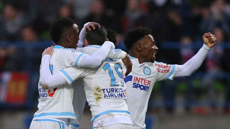 Michy Batshuayi goal celeb, Georges-Kevin Nkoudou, Bouna Sarr, Abdelaziz Barrada, Caen v Marseille, Ligue 1, January 2016