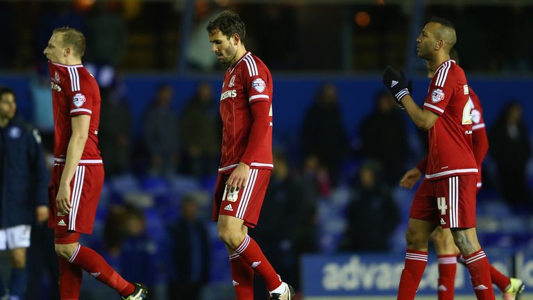 BIRMINGHAM, ENGLAND - APRIL 29: Grant Leadbitter (L) Cristian Stuani (C) and Daniel Ayala (R) of Middlesbrough after their sides 2-2 draw during the Sky Be