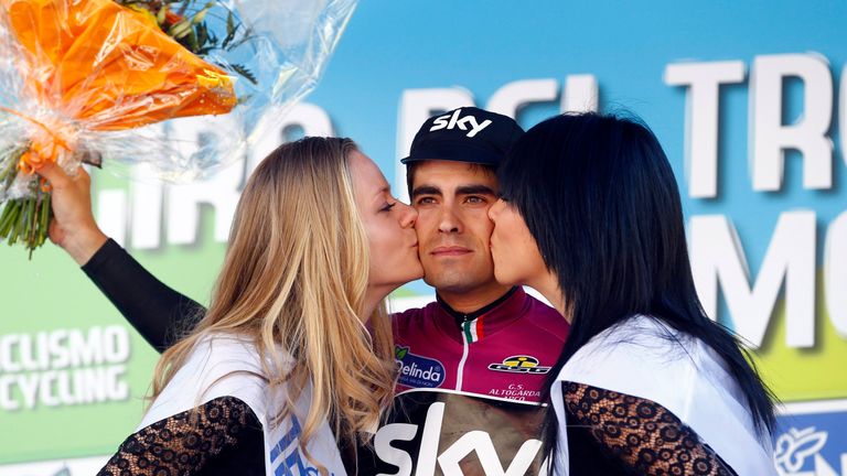 Mikel Landa on the podium after winning Stage 2 of the 2016 Giro del Trentino