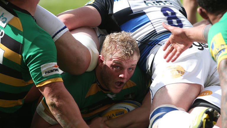 NORTHAMPTON, ENGLAND - APRIL 30:  Mikey Haywood of Northampton appeals for a try during the Aviva Premiership match between Northampton Saints and Bath at 