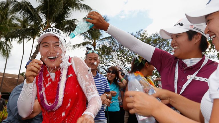 Minjee Lee celebrates after a battling show in Hawaii