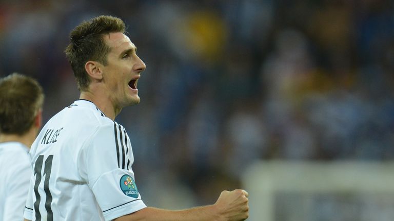 German forward Miroslav Klose celebrates after scoring during the Euro 2012 football championships quarter-final 
