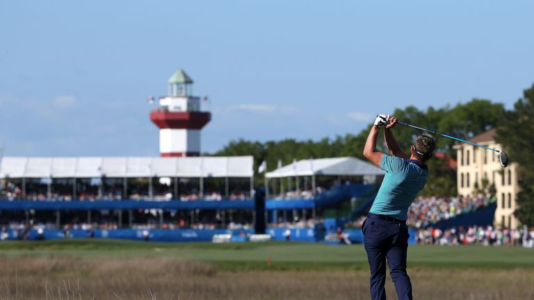 Luke Donald tees off on the 18th hole in the 2016 RBC Heritage at Harbour Town