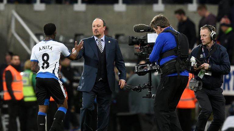 Goalscorer Vurnon Anita of Newcastle United is congratulated by Rafael Benitez Premier League match between Newcastle United and Manchester City