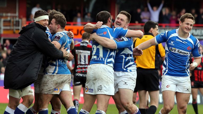 Dragons players celebrate their quarter-final win over Gloucester earlier this month