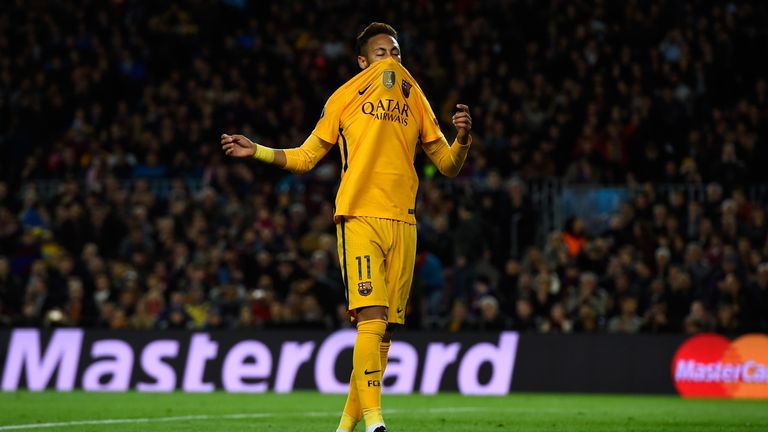 Neymar of Barcelona reacts after missing a chance