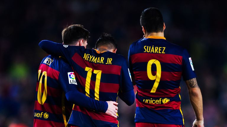 Neymar is congratulated by his teammates Luis Suarez and Lionel Messi after scoring