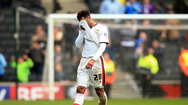 MILTON KEYNES, ENGLAND - APRIL 23:  Nicky Maynard of MK Dons looks dejected following the Sky Bet Championship match between Milton Keynes Dons and Brentfo