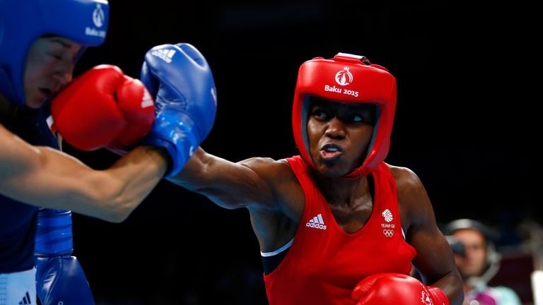 BAKU, AZERBAIJAN - JUNE 25:  Nicola Adams of Great Britain (red) and Sandra Drabik of Poland (blue) compete in the Women's Flyweight 48-51kg finalduring da