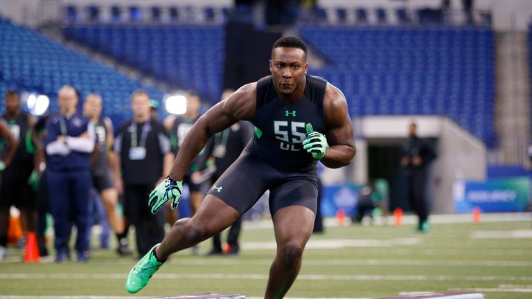 INDIANAPOLIS, IN - FEBRUARY 28: Defensive lineman Noah Spence of Eastern Kentucky participates in a drill during the 2016 NFL Scouting Combine at Lucas Oil