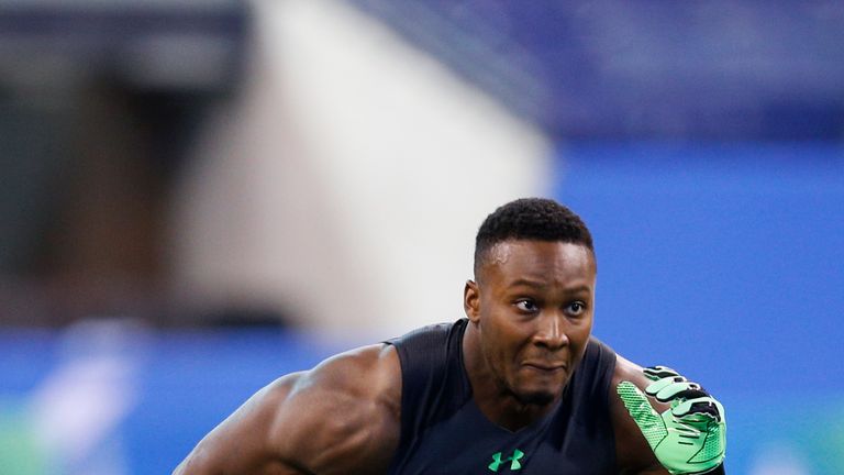 INDIANAPOLIS, IN - FEBRUARY 28: Defensive lineman Noah Spence of Eastern Kentucky participates in a drill during the 2016 NFL Scouting Combine at Lucas Oil