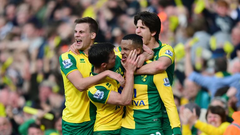 Martin Olsson (2nd R) of Norwich City celebrates scoring his team's third goal against Newcastle
