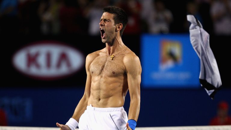 Novak Djokovic of Serbia celebrates winning championship point in his men's final match against Rafael Nadal of Spain d