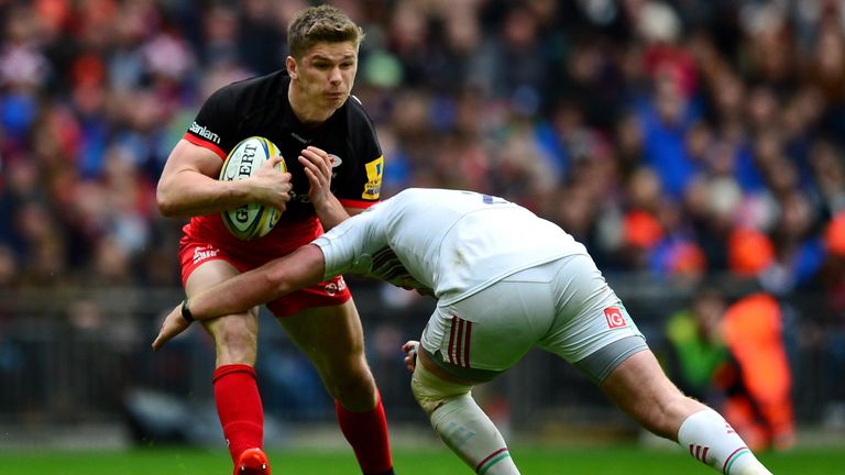 Owen Farrell during the Aviva Premiership match between Saracens and Harlequins at Wembley Stadium on April 16, 2016 in London, United Kingdom.