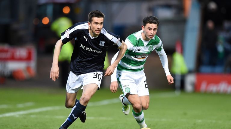 Dundee's Cameron Kerr (left) battles for the ball against Celtic's Patrick Roberts 