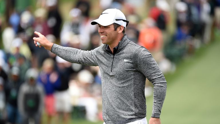 Paul Casey of England reacts to his birdie on the second green during the final round of the 2016 Masters Tournament at Augusta