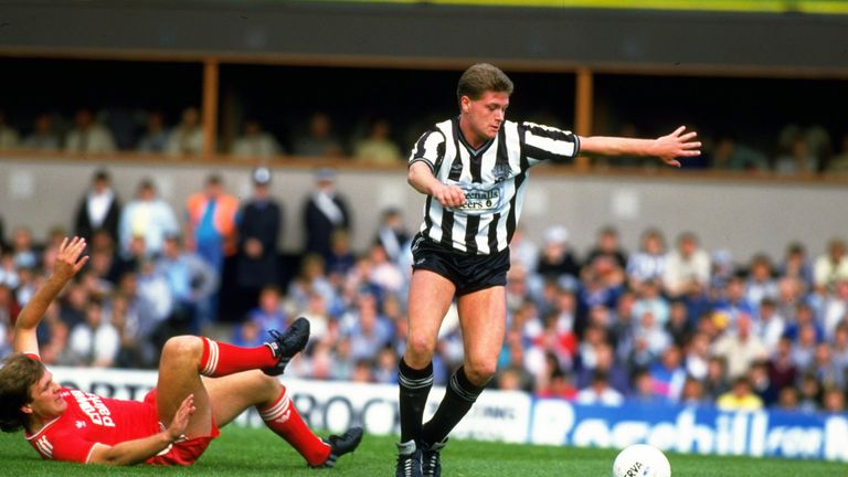 Paul Gascoigne of Newcastle United leaves Jan Molby of Liverpool sprawled on the ground during a Today League Division One match at St James'