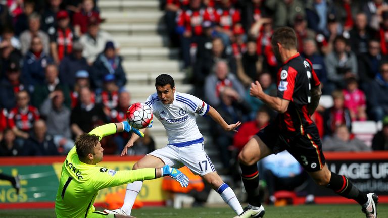 Pedro shoots past Artur Boruc to open the scoring for Chelsea at Bournemouth