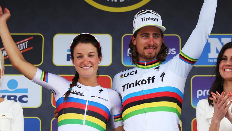 Lizzie Armitstead and Peter Sagan Tour of Flanders from Bruges to Oudenaarde on April 3, 2016 in Bruges, Belgium.