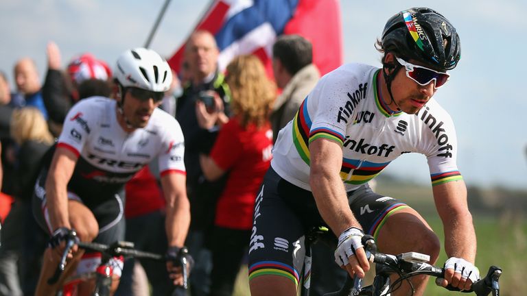 Peter Sagan of Slovakia and Tinkoff leads Fabian Cancellara of Switzerland and Trek-Segafredo during the 2016 Paris- Roubaix