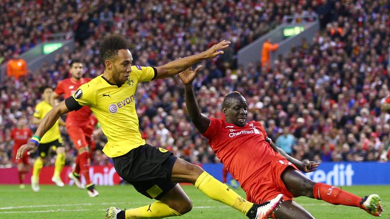 Pierre-Emerick Aubameyang of Borussia Dortmund scores his team's second goal during the UEFA Europa League quarter final, second leg v Liverpool