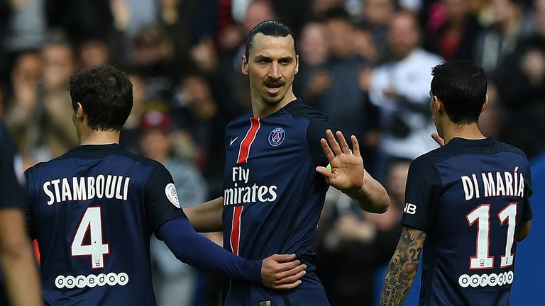Zlatan Ibrahimovic celebrates one of his two goals against Caen