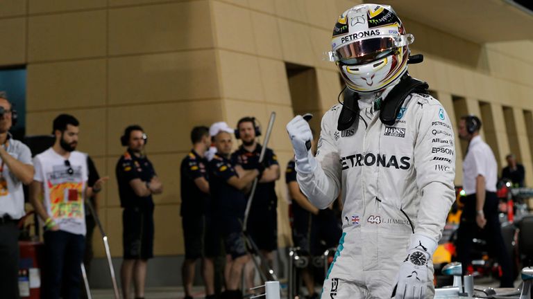 Pole sitter Lewis Hamilton (GBR) Mercedes AMG F1 celebrates in parc ferme at Bahrain Grand Prix Qualifying