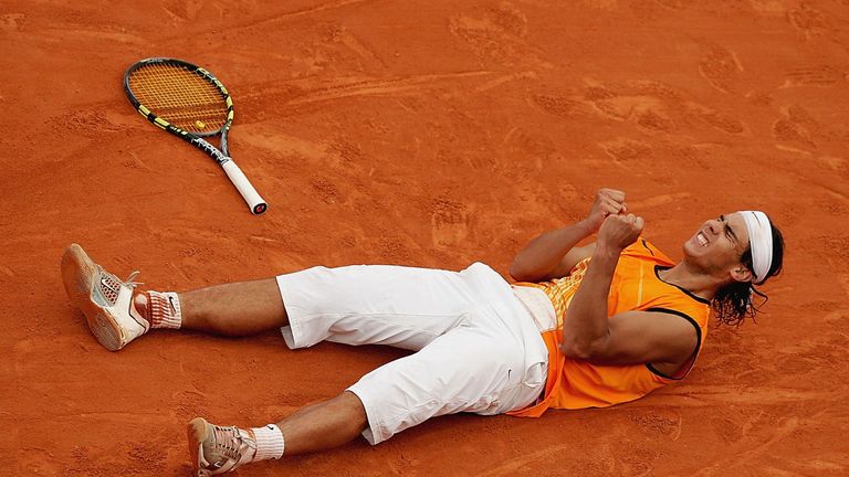 Rafael Nadal of Spain celebrates match-point against Richard Gasquet of France in his semi-final match,during the ATP Masters Series at