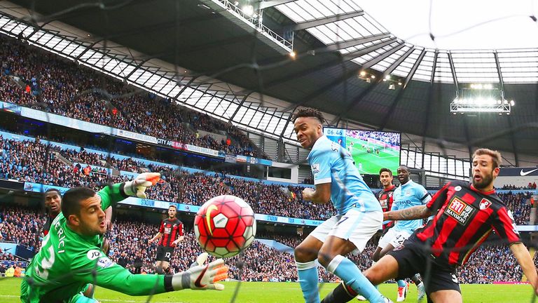Raheem Sterling scores Manchester City's first goal past Adam Federici of Bournemouth in October