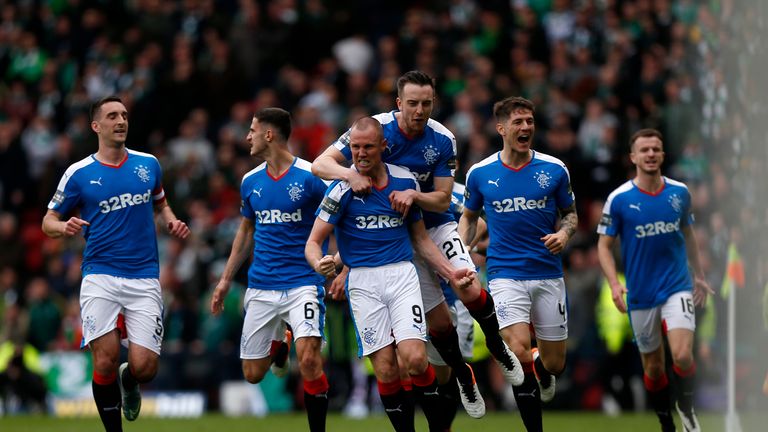 Kenny Miller celebrates scoring Rangers' opening goal during the William Hill Scottish Cup semi-final match at Hampden Park, Glasgow