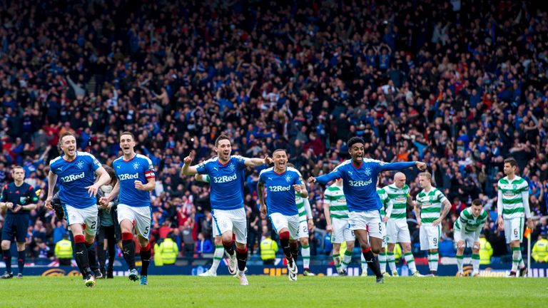 Rangers players celebrate their penalty shoot-out win over Celtic