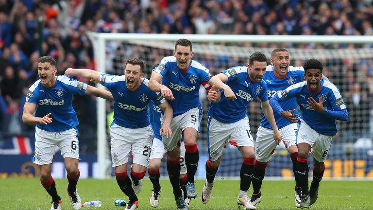 Rangers celebrate after winning the penalty shoot-out against Celtic