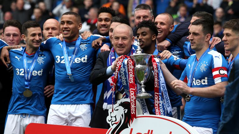 Rangers manager Mark Warburton (centre) and Lee Wallace with the Scottish Championship trophy 