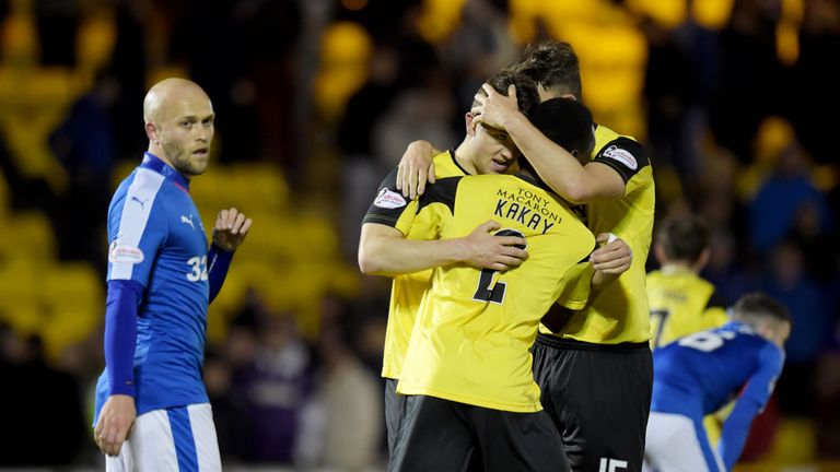 Livingston celebrate at full-time after beating Rangers