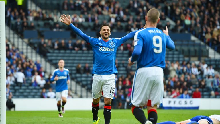 Rangers' Harry Forrester celebrates as Peterhead's Ally Gilchrist scores a own goal.
